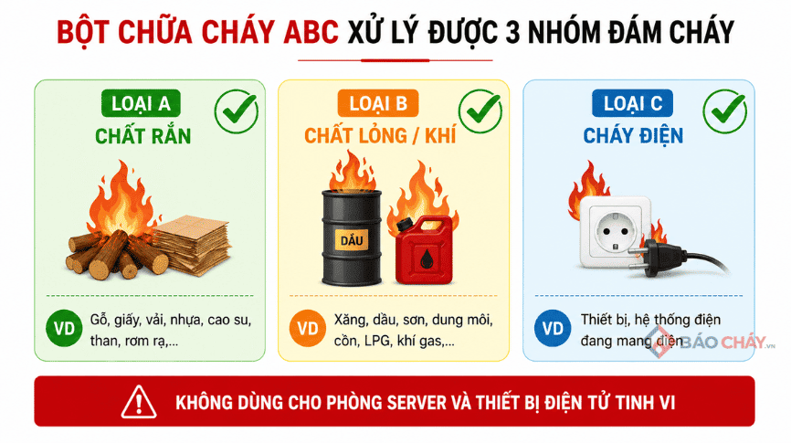 Bột chữa cháy abc sử lí được 3 đám cháy