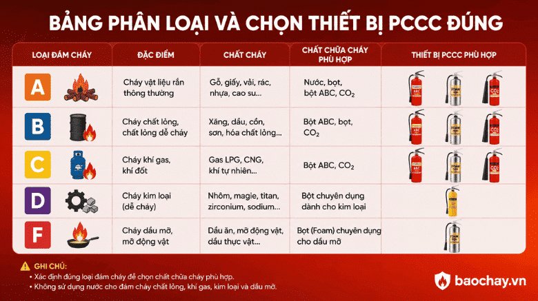 Phân loại đám cháy A, B, C, D, F Cách chọn chất chữa cháy đúng