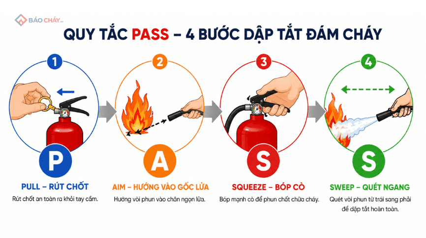 Quy tắc PASS — 4 bước - cách sử dụng bình chữa cháy
