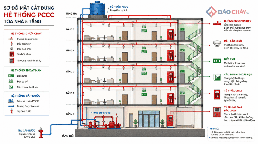 Sơ đồ mặt cắt đứng hệ thống báo cháy của tòa nhà 5 tầng theo QCVN 06:2022/BXD
