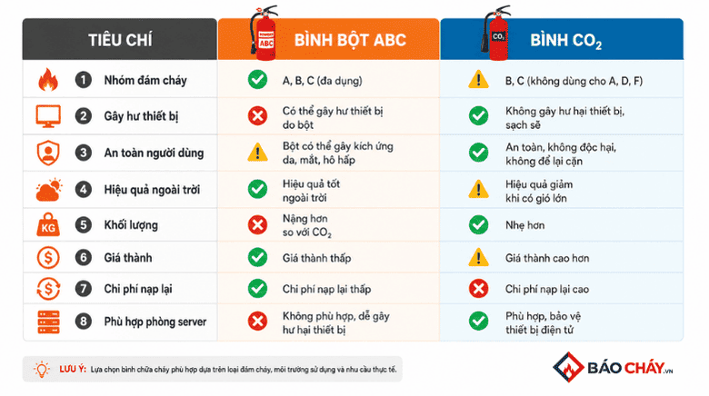 So sánh bình chữa cháy bột và CO2 theo 8 tiêu chí
