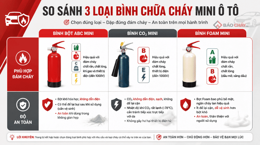 Hình so sánh các loại bình chữa cháy mini ô tô