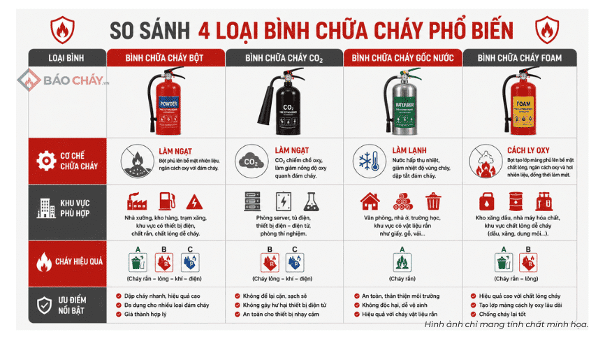 Các loại bình chữa cháy Phân biệt, CO2, nước, foam