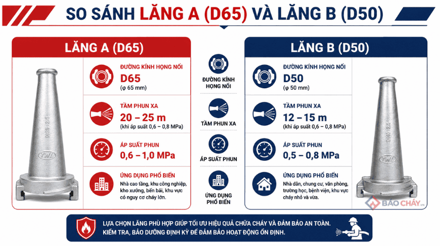 Phân loại lăng phun chữa cháy theo kích thước Lăng A và Lăng B