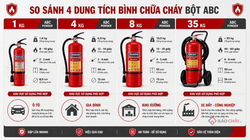 Thông số kỹ thuật các loại bình chữa cháy bột ABC phổ biến
